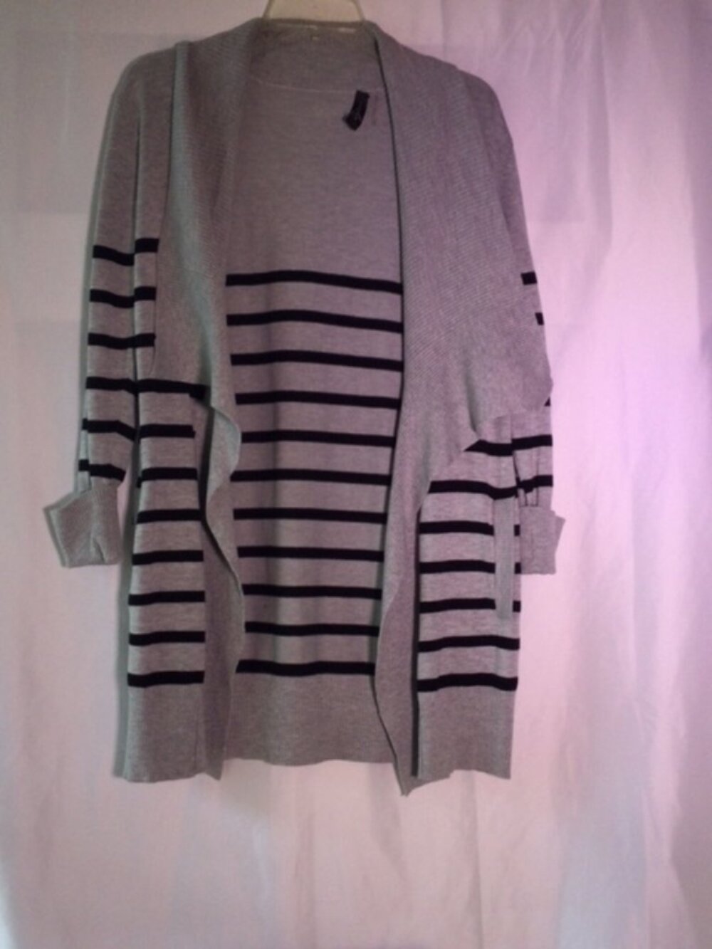 Gray Black Striped Open Front Cardigan Duster Sweater Rayon Blend Size M